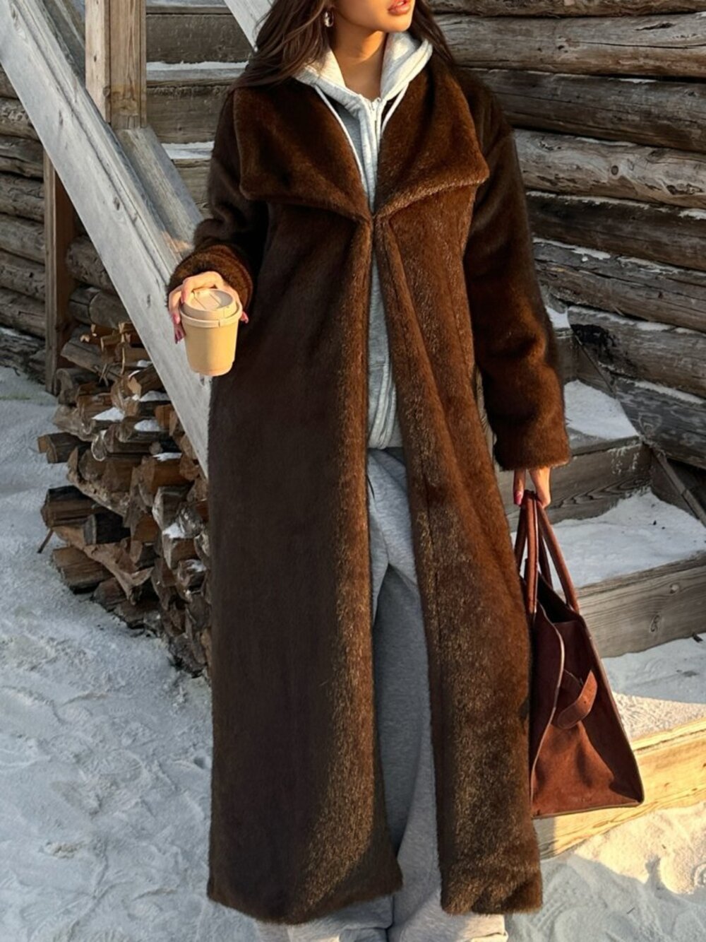 Brown Casual Women's Faux Fur Waterfall Neckline Loose Long Coat